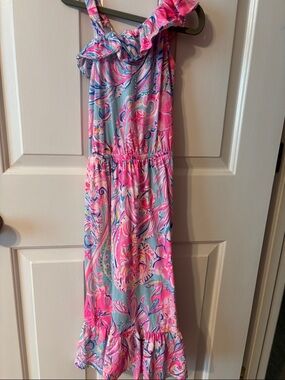 Lilly Pulitzer Pink and Blue One-Shoulder Ruffle Maxi Dress - Girls Small 4-5